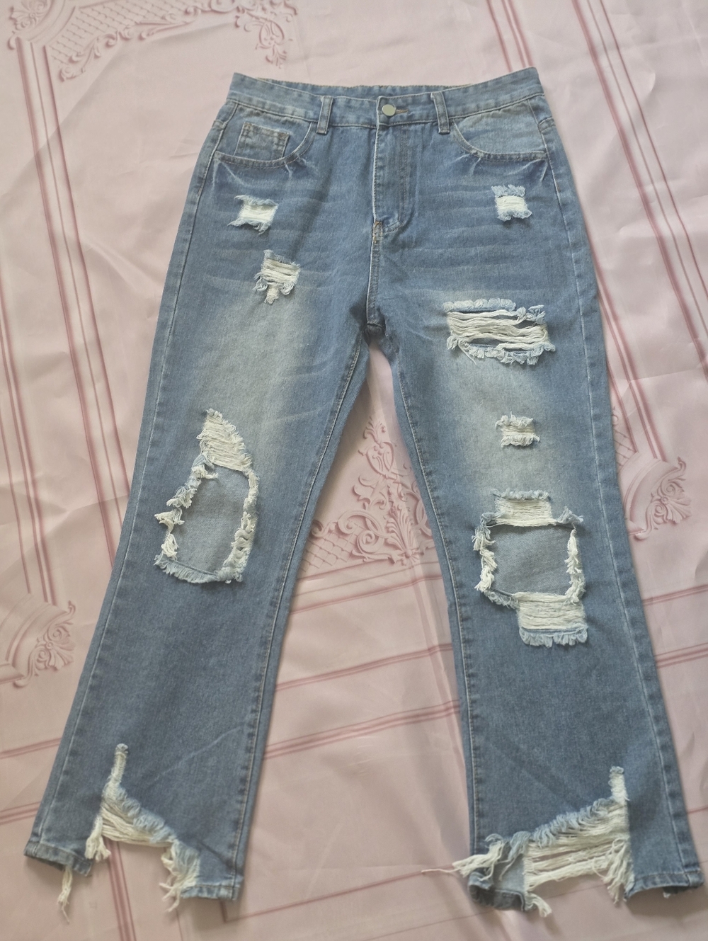Distressed Blue Straight Leg Jeans